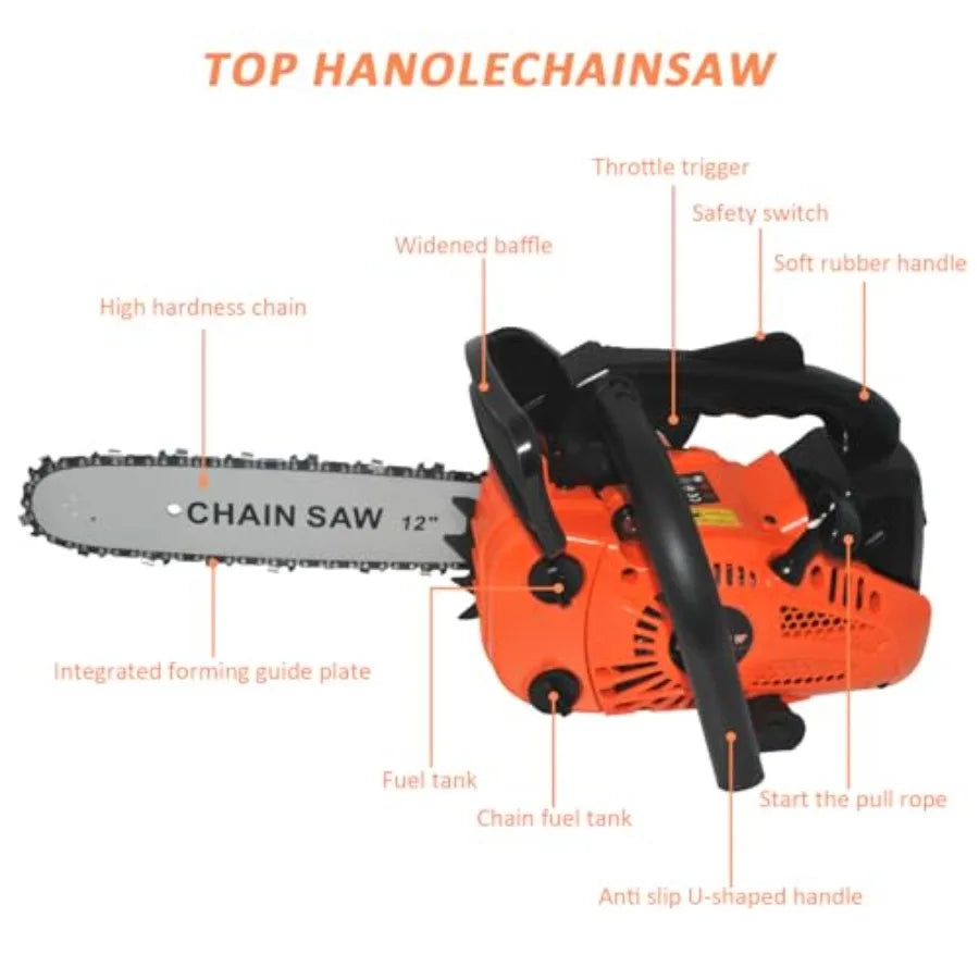 26cc Gas Chainsaw 2-Cycle Top Handle Petrol Handheld Cordless Chain Saw 12 Inch Professional Power Chain Saws for Tree Felling