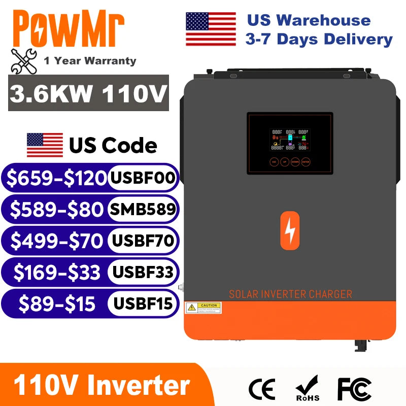 PowMr 3.6KW Hybrid Solar Inverter 24V 110V Off Grid Pure Sine Wave Inverter Single Phase with MPPT 120A Solar Battery Charger