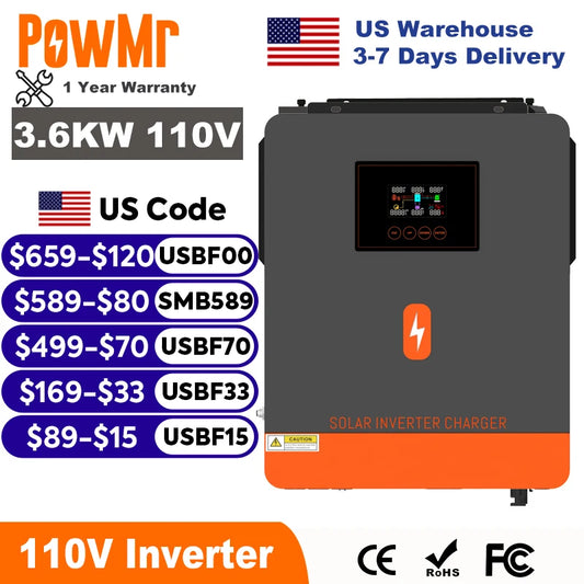 PowMr 3.6KW Hybrid Solar Inverter 24V 110V Off Grid Pure Sine Wave Inverter Single Phase with MPPT 120A Solar Battery Charger