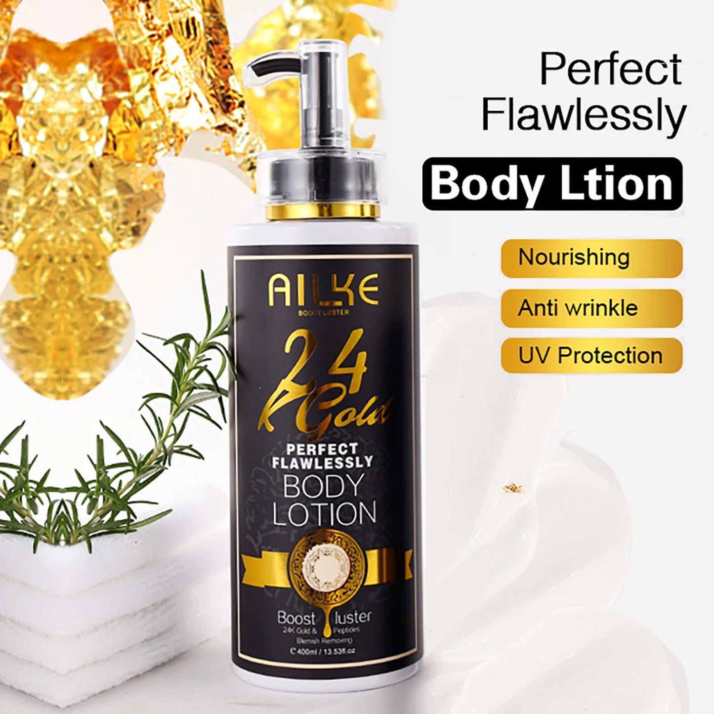 AILKE 24K Glod Flawlessly Skin Care Range, Skin Whitener, Reduce Dark Spots, Melanin, Wrinkles, Moisturize, For Women & Men