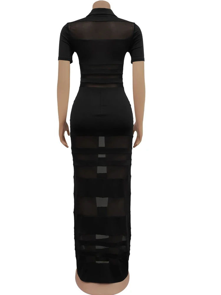 Beyprern Women's See-Through Striped Sheer Polo Maxi Dress Sexy Turn-Down Collars Caged Party Dresses Night Out Vestido Clubwear
