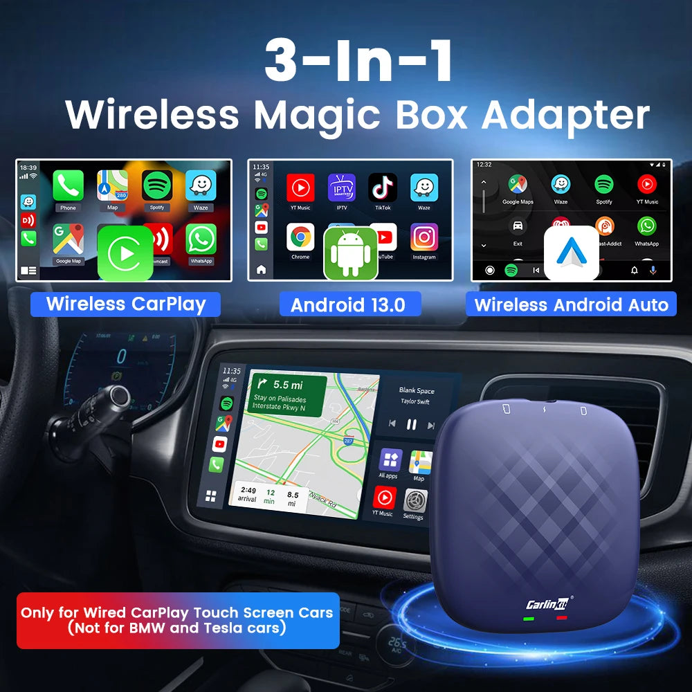 2025 CarlinKit 3 In 1 Android 13 Mini CarPlay Ai Box Android Auto Wireless CarPlay Box QCM6125 6225 8-Core For Wired AA CP Cars