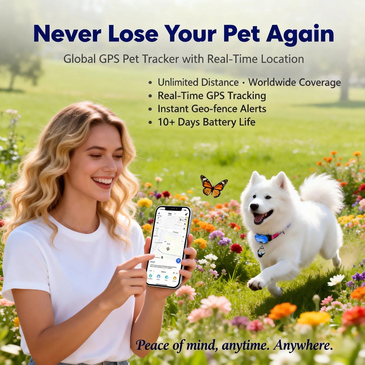 GPS Pet Tracker for Dogs Cats Real Time Tracking Unlimited Distance QR Code Anti-Lost Locator with SIM Subscription Required