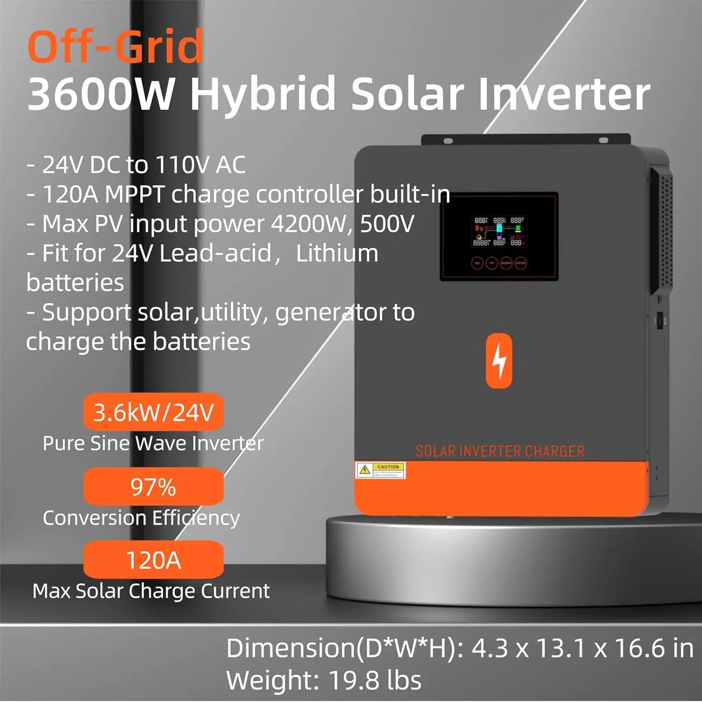 PowMr 3.6KW Hybrid Solar Inverter 24V 110V Off Grid Pure Sine Wave Inverter Single Phase with MPPT 120A Solar Battery Charger