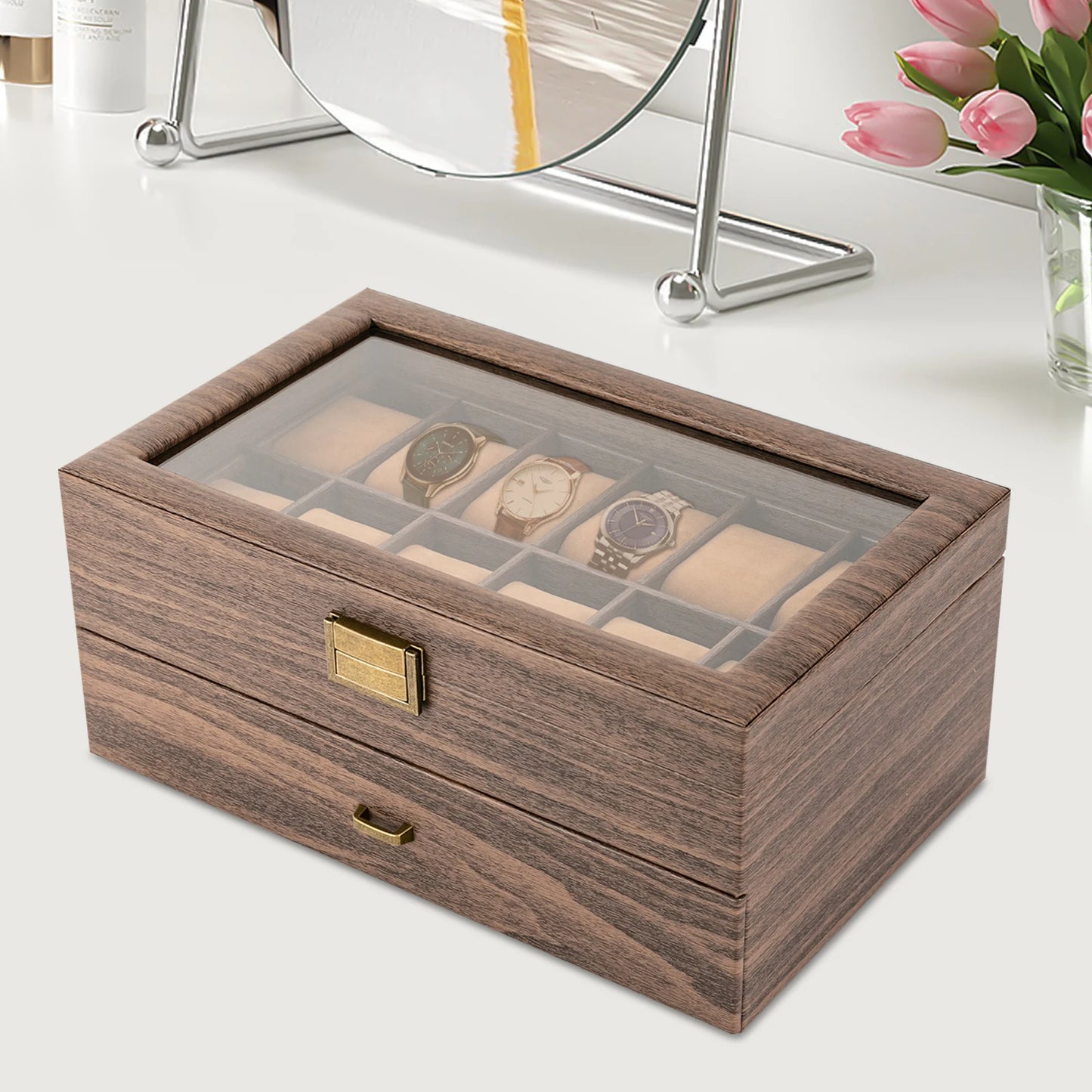 [Watch Box Organizer] 24 Compartment PU Leather Watch Jewelry Organizer - Glass Lid Soft Pillows Display Storage - for Dresser C