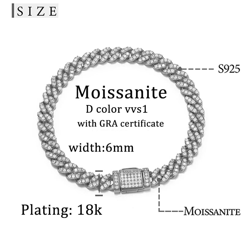 6mm-8mm High Quality Unisex Miami Moissanite Cuban Chain Necklace S925 Silver For Men Hip Hop Jewelry