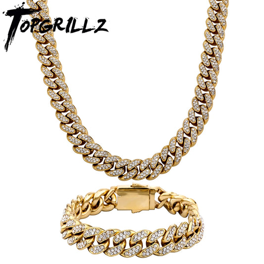 TOPGRILLZ Fully Cz Stone 13mm Alloy Waterproof Color Preservation Miami Cuban Necklace/Bracelet Punk Hip Hop Rapper Jewelry