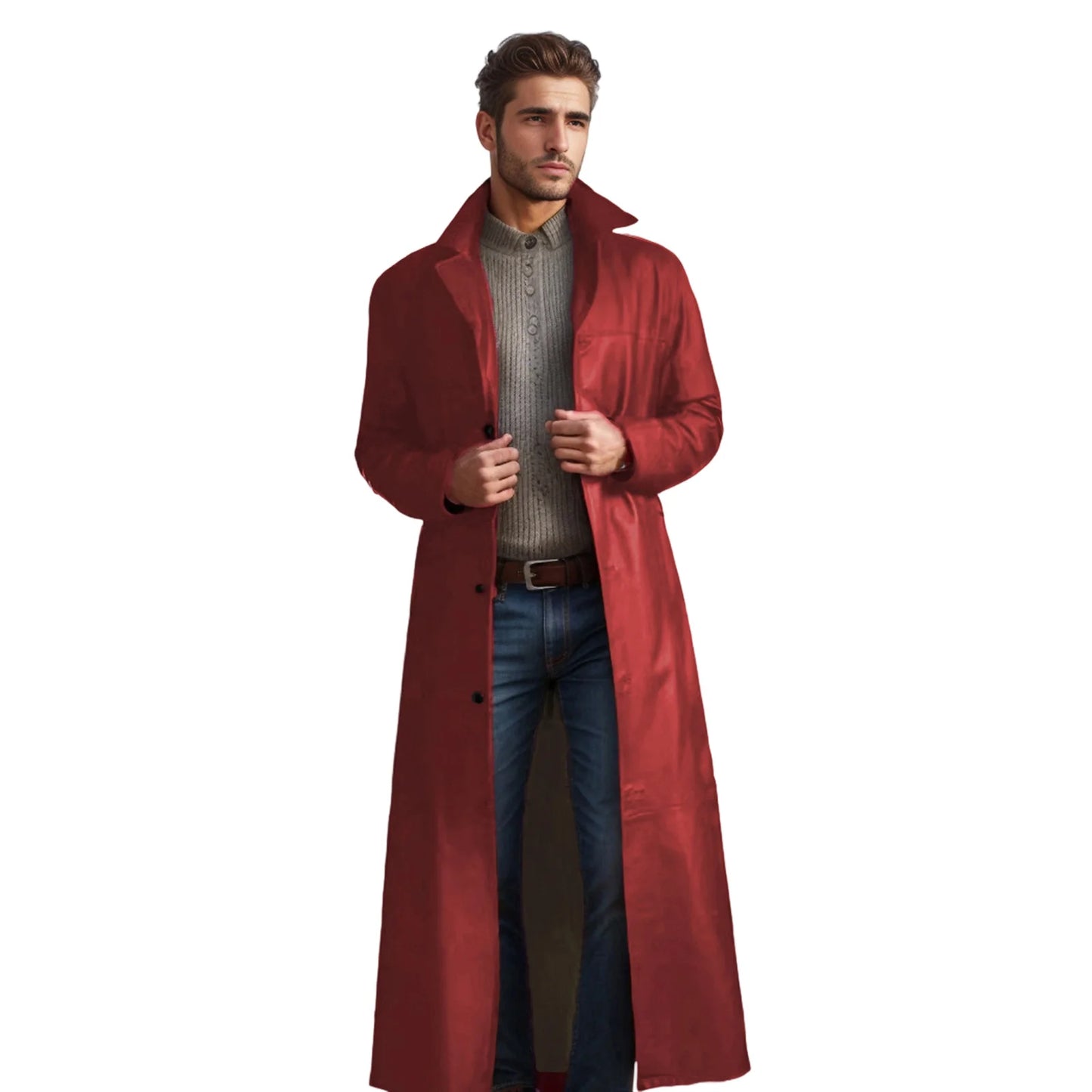 Men s Faux Leather Jacket Classic Lapel Collar Long Sleeve Button Closure Windproof Coat for Fall Winter Wardrobe