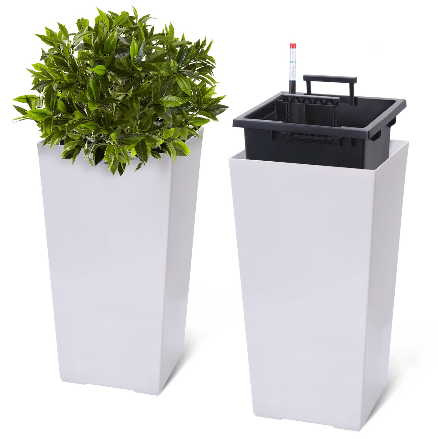 2 PCS 22.4 Inch Tall Planter Indoor ＆ Outdoor Black Taper Planter with Shelf Insert Self-Absorbing Plastic Flower Pots