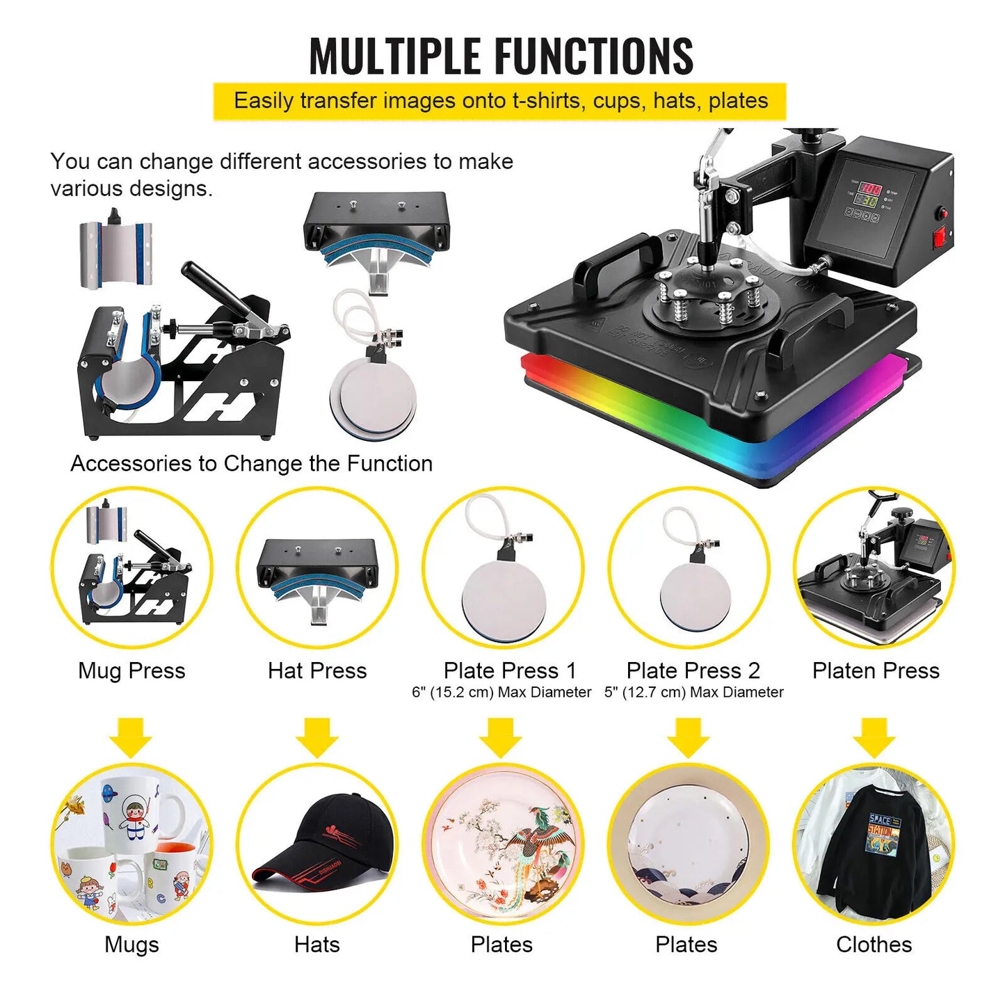 SucceBuy Combo Heat Press Machine 5/6/8 in 1 30*38CM 38*38CM Muntifunctional Sublimation Printer Transfer Mug Hat Plate T-Shirt