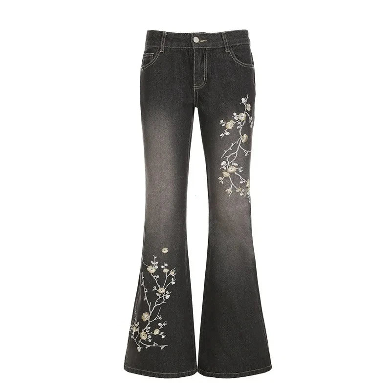 Floral Embroidery Jeans Vintage 2000s Low Rise Flared Jeans Women Retro Y2k Baggy Denim Pants High Street Basic Trousers