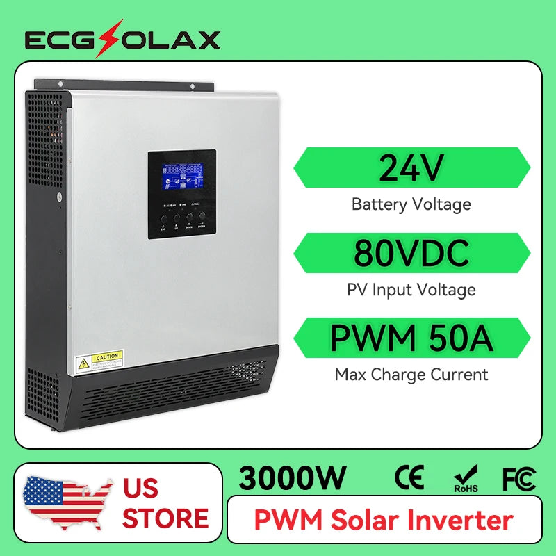 ECGSOLAX 3KVA Hybrid Solar Inverter 24V 110V Built-in 50A PWM Solar Charge Controller 2400W Pure Sine Wave Solar Hybrid Inverter