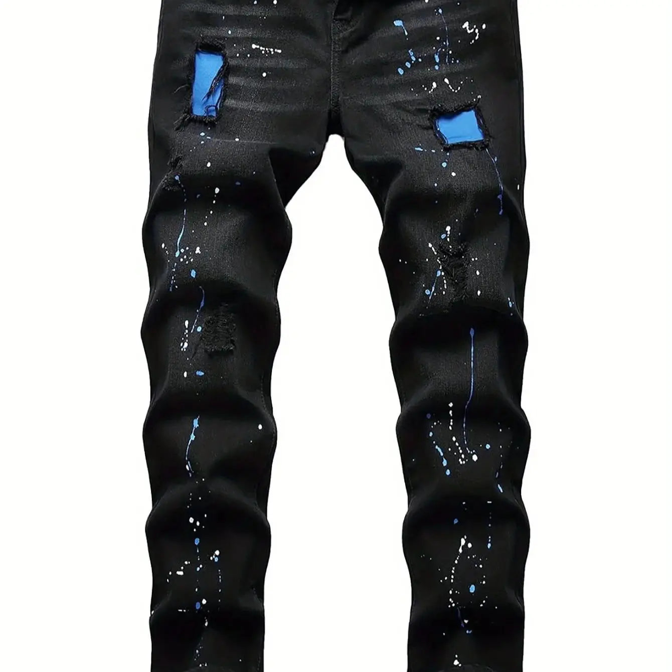Men's jeans blue patch tear elastic regular black jeans pants