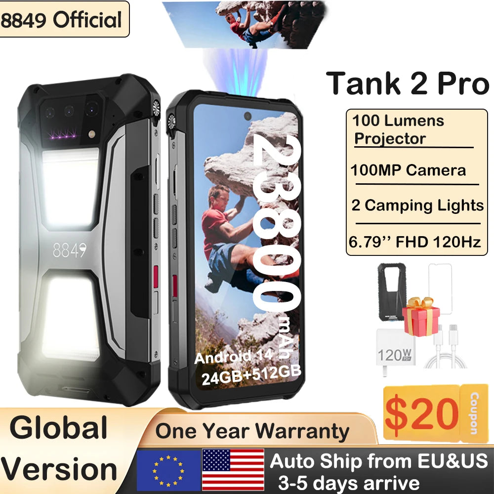 8849 Tank 2 PRO Rugged Smartphone with Projector  6.79" 2.4K Display 24GB 512GB Mobile Phone 23800mAh 120W Android 14 Phone