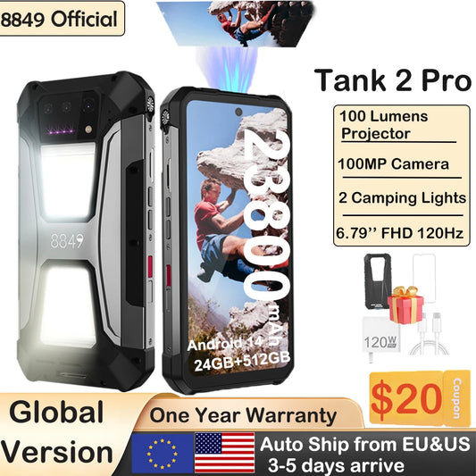 8849 Tank 2 PRO Rugged Smartphone with Projector  6.79" 2.4K Display 24GB 512GB Mobile Phone 23800mAh 120W Android 14 Phone