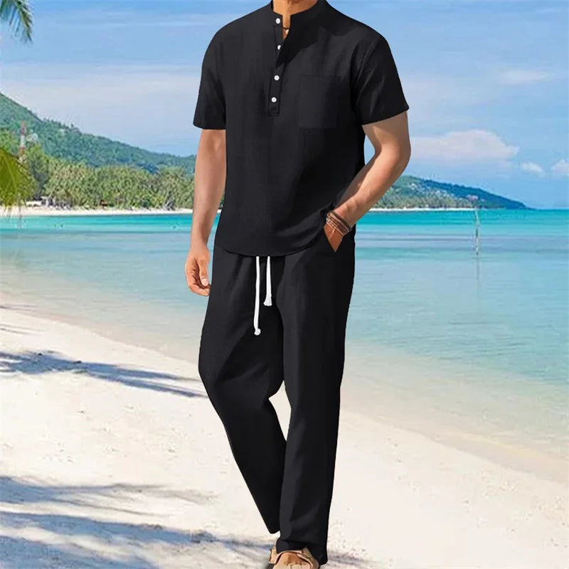 Men s Casual 2 Piece Outfit Short Sleeve Henley Tops with Drawstring Pants Loose Solid Color Set for a Stylish Look