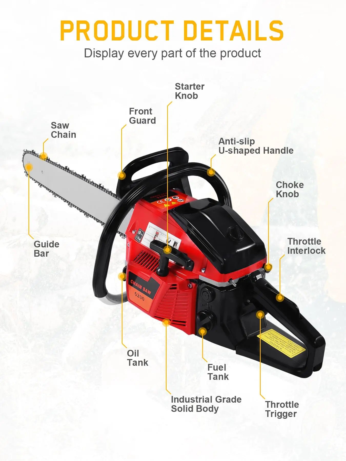 52CC Gas Powered Chainsaw 22 Inch 2KW/8500rpm Engine Power, with 550ml Fuel Tank Handheld Cordless Petrol Portable Gas Chain Saw