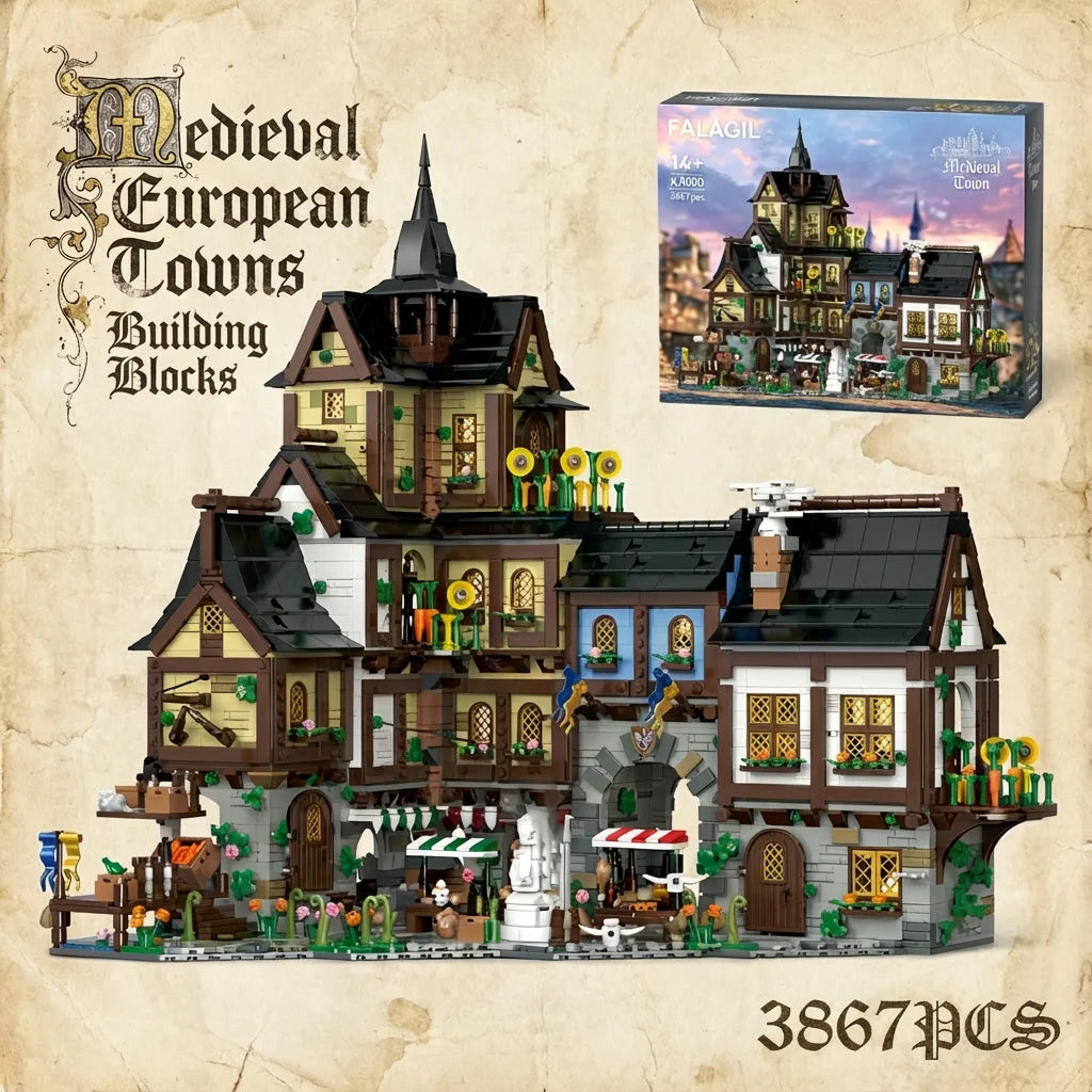 3867PCS Medieval Europe Towns Buildings Blocks Streetview Village Modular Architecture Model Kit Assembly Toy Gift for Kid Adult