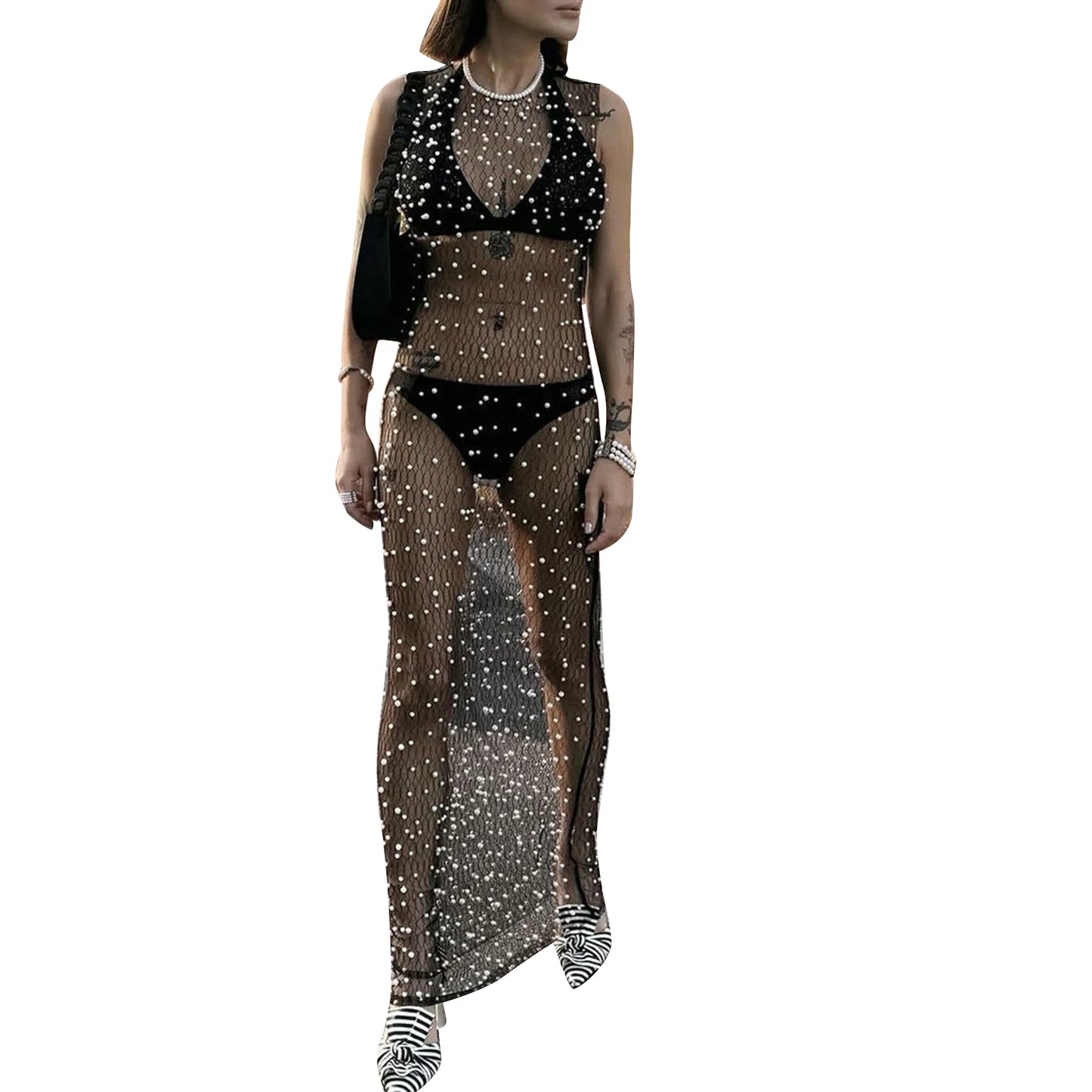 Women s Sheer Mesh Dress Sleeveless Round Neck Pearl Long Dress Bikini Cover Up Dress